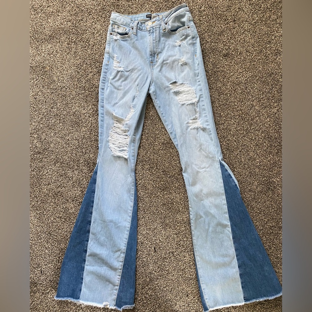 Fashion Nova Flared Two-Tone  Distressed Jeans